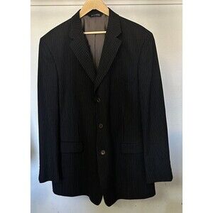 J. Ferra Men's 46L Black with Pin Stripes Blazer Suit Jacket 100% Wool